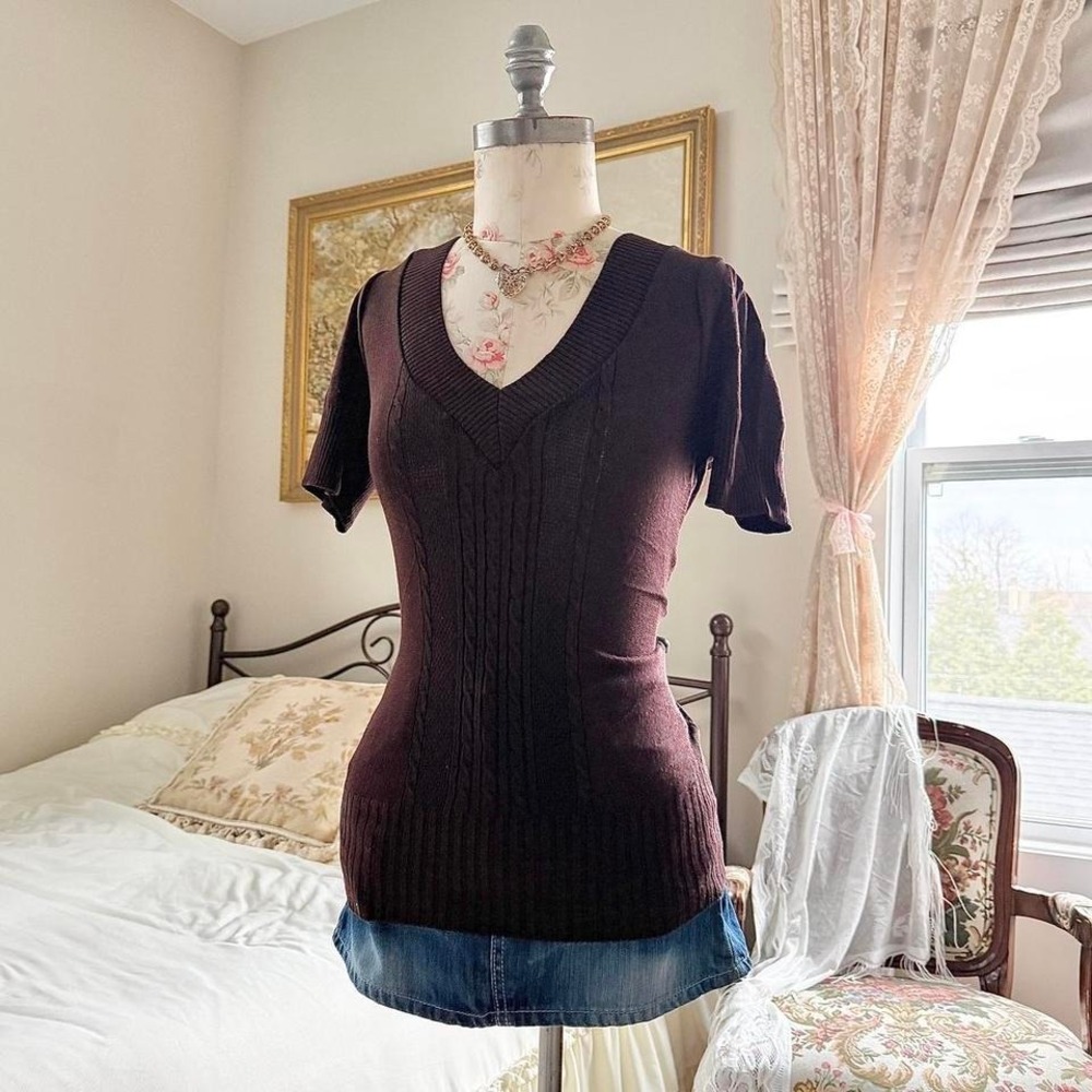 brown knit top  y2k hera chocolate brown short sleeve knit top cable